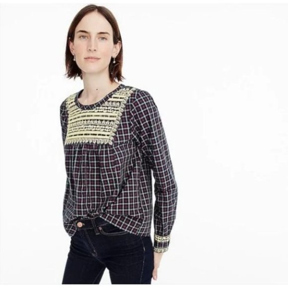 J. Crew Plaid Peasant Blouse Gold Braid Yoke Holiday Embroidered Top XS - Picture 3 of 11